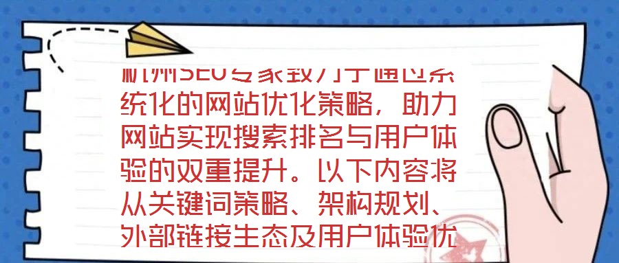 杭州SEO專家致力于通過系統化的網站優化策略，助力網站實現搜索排名與用戶體驗的雙重提升。以下內容將從關鍵詞策略、架構規劃、外部鏈接生態及用戶體驗優化四個維度，深