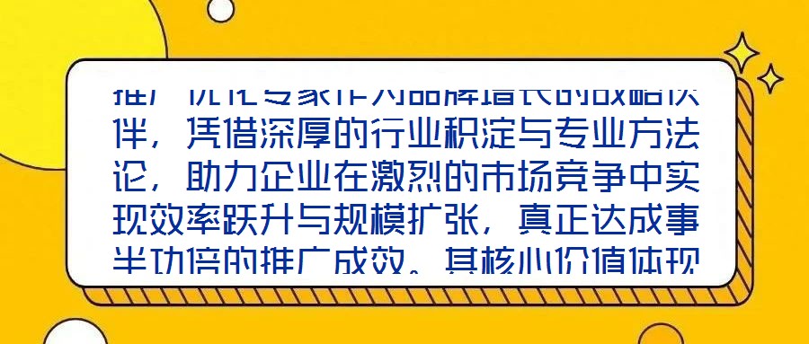 推廣優(yōu)化專家作為品牌增長的戰(zhàn)略伙伴，憑借深厚的行業(yè)積淀與專業(yè)方法論，助力企業(yè)在激烈的市場競爭中實現(xiàn)效率躍升與規(guī)模擴張，真正達成事半功倍的推廣成效。其核心價值體現(xiàn)
